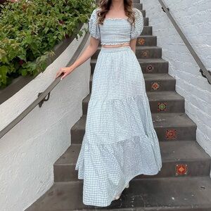 Gingham Green and White Puff Sleeve Smocked Blouse and Skirt Set